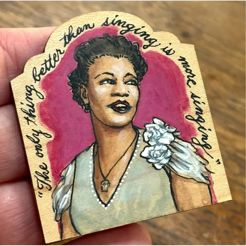 Handmade Ella Fitzgerald artisan brooch hand painted on wood musical icon singer